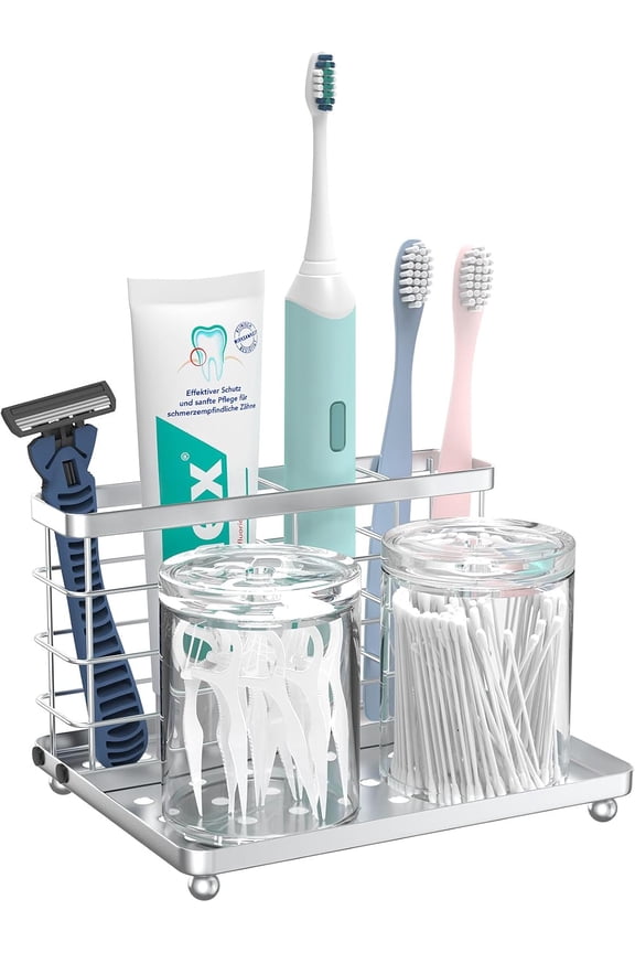Toothbrush Holders for Bathroom, Toothbrush Holder with Tray, Stainless Steel Holder for Toothbrush Toothpaste, Tooth Brushing Holder for Bathroom Countertop, 3-Slot, Silver
