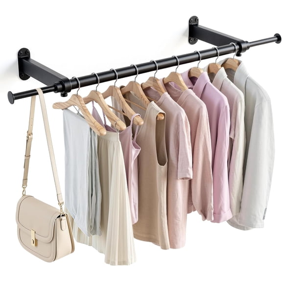 Luxspire Wall Mounted Clothes Rack, Industrial Pipe Clothing Rack, 28" Heavy Duty Extendable Iron Garment Bar, Multi-Purpose Hanging Rods for Clothes Bedroom, Laundry Room, Closet 1 Pack, Black