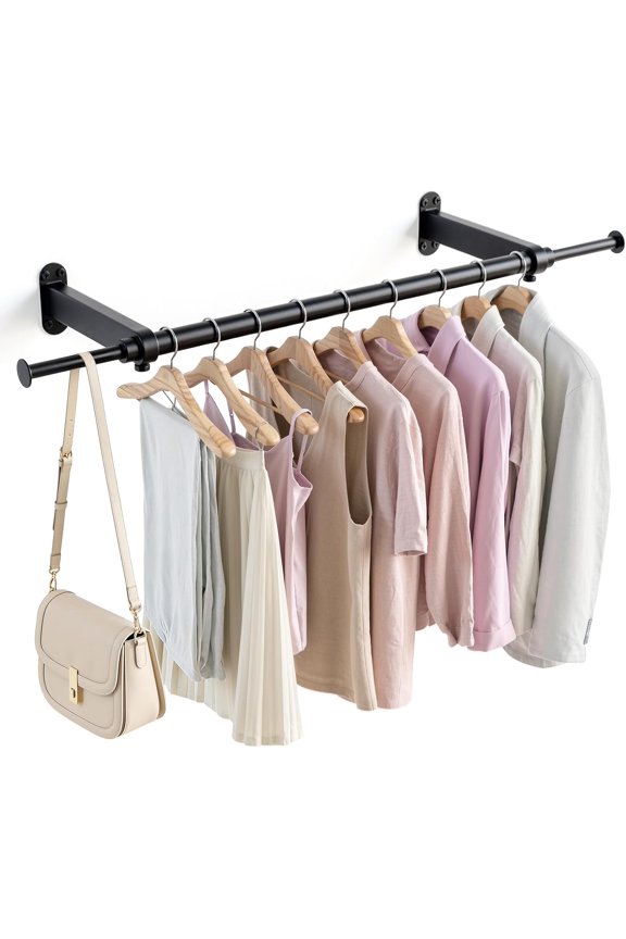 Wall Mounted Clothes Rack, Industrial Pipe Clothing Rack, 28" Heavy Duty Extendable Iron Garment Bar, Multi-Purpose Hanging Rods for Clothes Bedroom, Laundry Room, Closet 1 Pack, Black