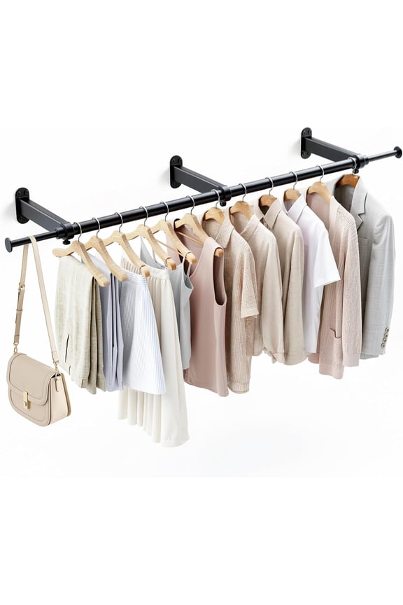 Wall Mounted Clothes Rack, Industrial Pipe Clothing Rack, 41" Heavy Duty Extendable Iron Garment Bar, Multi-Purpose Hanging Rods for Clothes Bedroom, Laundry Room, Closet 1 Pack, Black