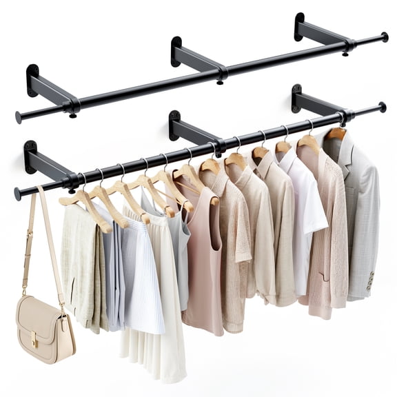Luxspire Wall Mounted Clothes Rack, Industrial Pipe Clothing Rack, 41" Heavy Duty Extendable Iron Garment Bar, Multi-Purpose Hanging Rods for Clothes Bedroom, Laundry Room, Closet 2 Pack, Black