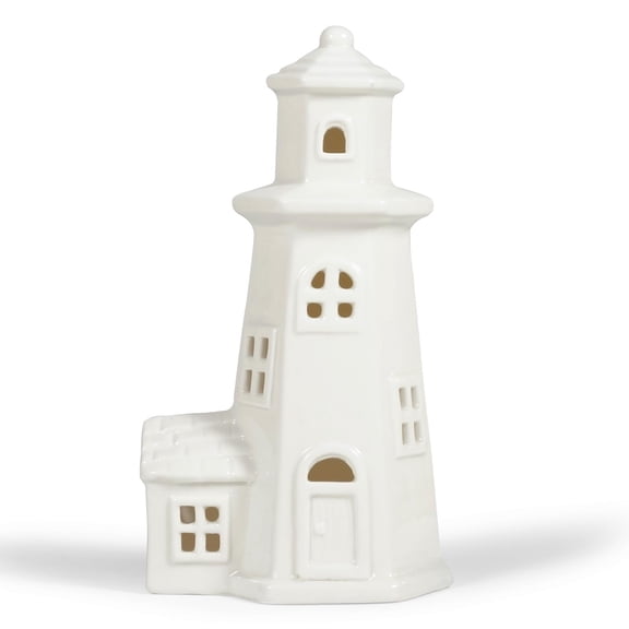 Luxstyra White Ceramic Christmas Houses Lighthouse Lamp, Small Figurines for Ceramic Christmas Village,Light Up Xmas Houses with Timer, Xmas Lighthouse Decoration for Table Bookshelf Desk