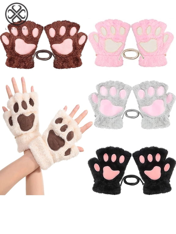 1 Pairs Winter Women Claw Paw Plush Mittens Short Fingerless Gloves Half Finger Cat Paw Gloves