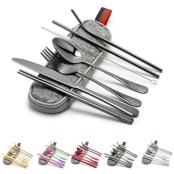 Luxtrada 1 Set Stainless Steel Tableware Set Portable Straw Chopsticks Spoon Fork Set with Storage Bag Dinnerware Set (Black)