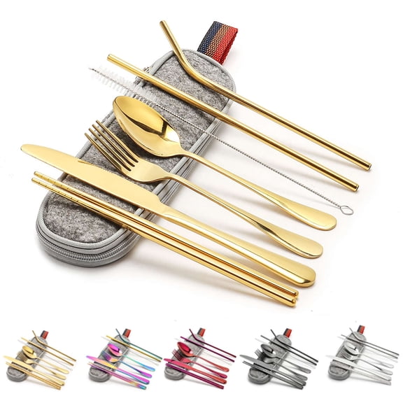 Luxtrada 1 Set Stainless Steel Tableware Set Portable Straw Chopsticks Spoon Fork Set with Storage Bag Dinnerware Set (Gold)
