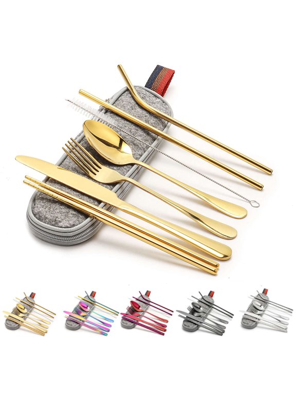 1 Set Stainless Steel Tableware Set Portable Straw Chopsticks Spoon Fork Set with Storage Bag Dinnerware Set (Gold)