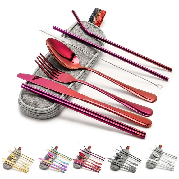 Luxtrada 1 Set Stainless Steel Tableware Set Portable Straw Chopsticks Spoon Fork Set with Storage Bag Dinnerware Set (Purple)