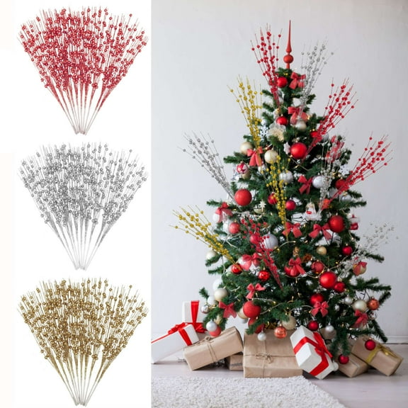 Luxtrada 10 Pack Artificial Glitter Berry Stem Ornaments 15.7 Inches Fake Christmas Picks Decorative Glitter Sticks for Vase Christmas Tree DIY Wreath Crafts Fireplace Decor (Red)
