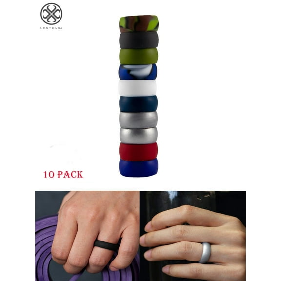 Luxtrada 10pcs Silicone Rings Elegant, Comfortable, Engagement Wedding Marriage Bands for Men Non Conductive Rubber Metal Free Ring, Jewelry, Anniversary, Sports (Size#11)