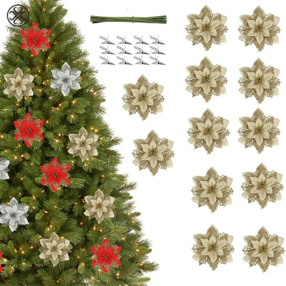 Luxtrada 12/24Pcs 6.3in Poinsettia Artificial Christmas Flowers Decorations Glitter Xmas Tree Flower Ornaments with Clips