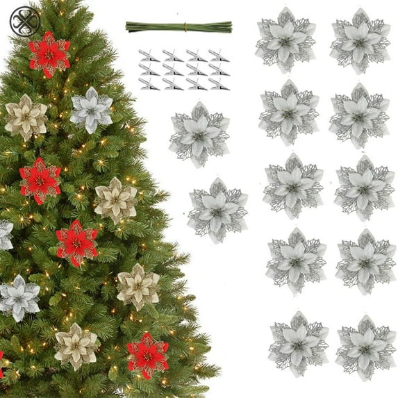 Luxtrada 12/24Pcs 6.3in Poinsettia Artificial Christmas Flowers Decorations Glitter Xmas Tree Flower Ornaments with Clips