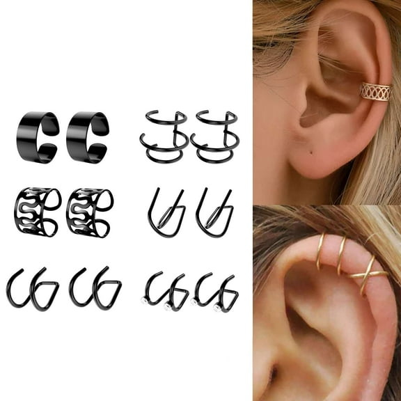 Luxtrada 12 Pcs Men Women Ear Cuff Wrap Earrings Set No Piercing Clip Cartilage Ear Clips Jewelry (Black)
