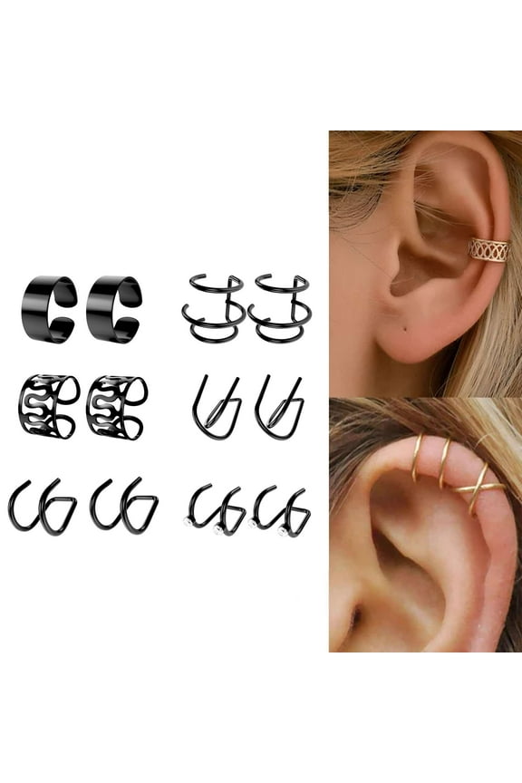 12 Pcs Men Women Ear Cuff Wrap Earrings Set No Piercing Clip Cartilage Ear Clips Jewelry (Black)