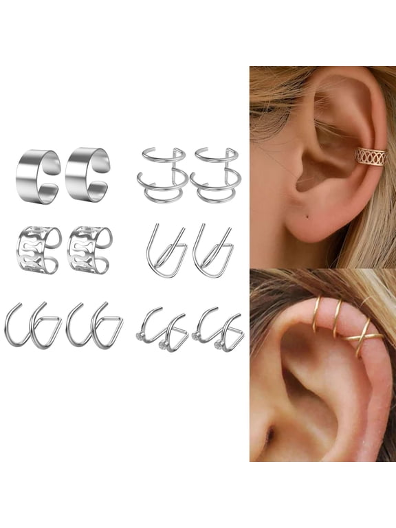 12 Pcs Men Women Ear Cuff Wrap Earrings Set No Piercing Clip Cartilage Ear Clips Jewelry (Silver)