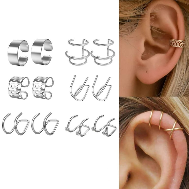 Luxtrada 12 Pcs Men Women Ear Cuff Wrap Earrings Set No Piercing Clip  Cartilage Ear Clips Jewelry (Silver)