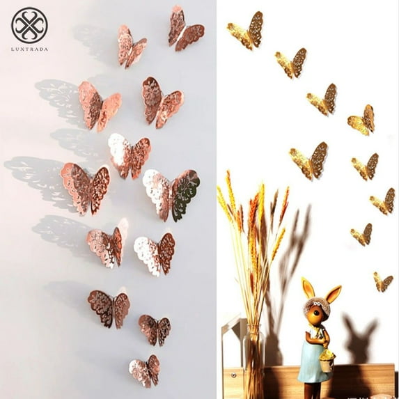 Luxtrada 12pcs/set 3D Butterfly Wall Stickers Removable Mural Stickers DIY Art Wall Decals Decor with Glue for Bedroom Wedding Party Home Decoration (TypeA,Rose Gold)