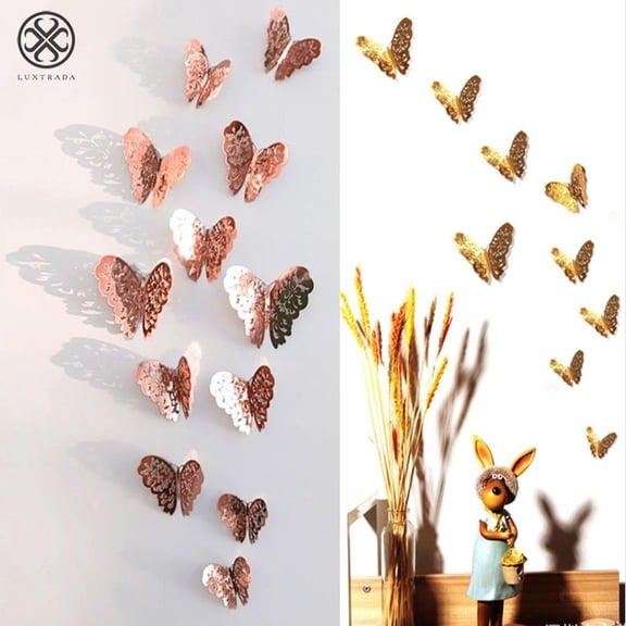 Luxtrada 12pcs/set 3D Butterfly Wall Stickers Removable Mural Stickers DIY Art Wall Decals Decor with Glue for Bedroom Wedding Party Home Decoration (TypeA,Rose Gold)