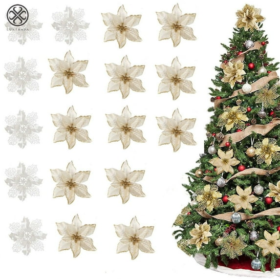 Luxtrada 18Pcs Christmas Poinsettia 2 Design Glitter Artificial Flower Winter Party Supplies Christmas Flowers for Xmas Tree Ornament Wedding Birthday Wreath Decoration