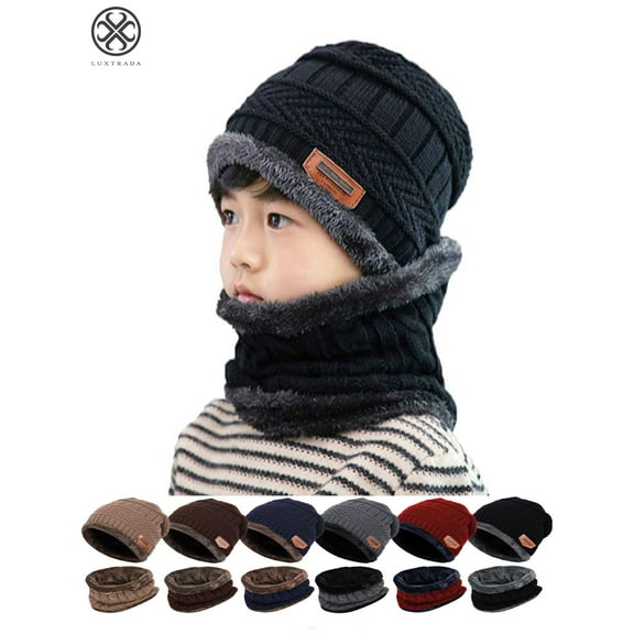 Luxtrada 2 PCS Kids Boys Girls Winter Hat and Scarf Set , Warm Snow Knit Beanie Slouchy Skull Cap and Circle Scarf (Black)