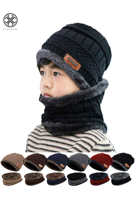 2 PCS Kids Boys Girls Winter Hat and Scarf Set , Warm Snow Knit Beanie Slouchy Skull Cap and Circle Scarf (Black)