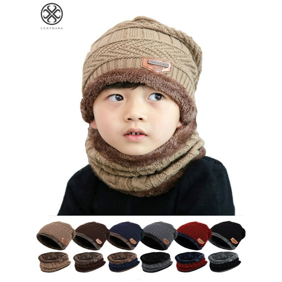 Luxtrada 2 PCS Kids Boys Girls Winter Hat and Scarf Set , Warm Snow Knit Beanie Slouchy Skull Cap and Circle Scarf (Khaki)