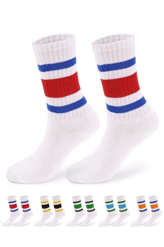 2 Pairs Fun Novelty Retro Striped Crew Socks For Women Sporty Calf Casual Cotton Tube Socks Women Men (Blue Red)
