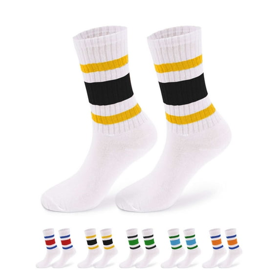 Luxtrada 2 Pairs Fun Novelty Retro Striped Crew Socks For Women Sporty Calf Casual Cotton Tube Socks Women Men (Yellow Black)