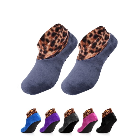 Luxtrada 2 Pairs Non-Slip Thermal Socks Fleece Lady Floor Socks Leopard Printed Soft Thick Socks (Gray)
