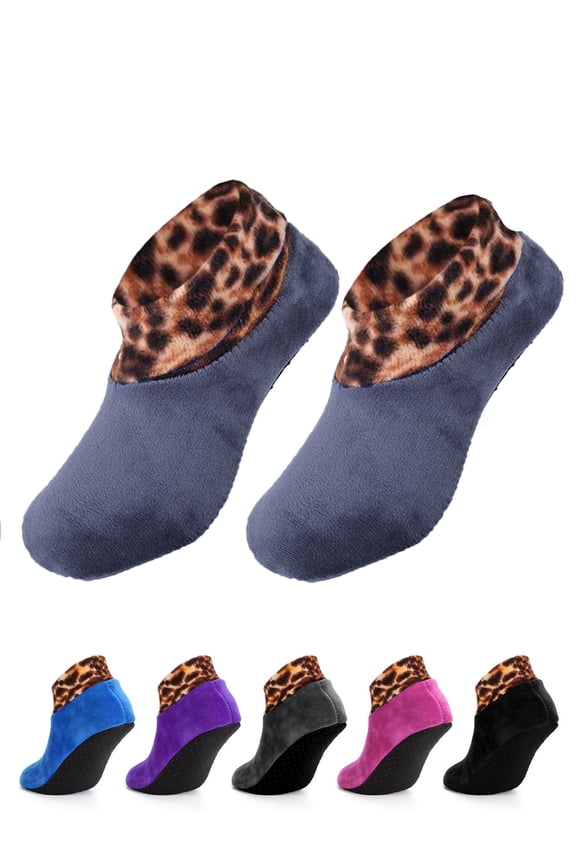 2 Pairs Non-Slip Thermal Socks Fleece Lady Floor Socks Leopard Printed Soft Thick Socks (Gray)