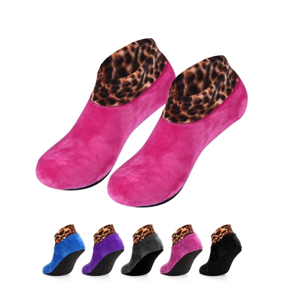 Luxtrada 2 Pairs Non-Slip Thermal Socks Fleece Lady Floor Socks Leopard Printed Soft Thick Socks (Rose Red)