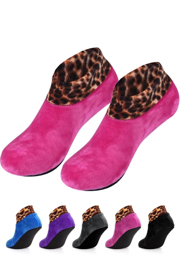 2 Pairs Non-Slip Thermal Socks Fleece Lady Floor Socks Leopard Printed Soft Thick Socks (Rose Red)