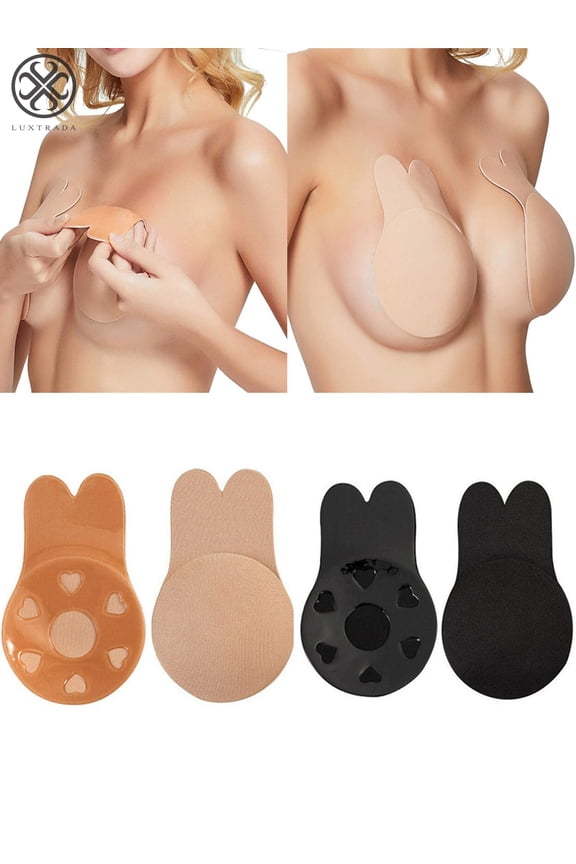 2 Pairs Rabbit Ear Self Adhesive Invisible Bra Breast Lift Up Strapless Nipplecovers Backless Push Up Bra "Black & Skin, C-D Cup"