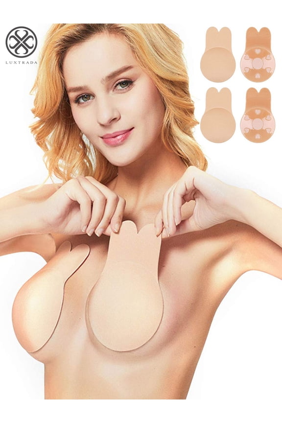2 Pairs Rabbit Ear Self Adhesive Invisible Bra Breast Lift Up Strapless Nipplecovers Backless Push Up Bra "Skin, A-B Cup"