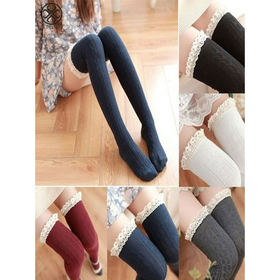 Luxtrada 2 Pairs Sexy Girls Ladies Women Warm Thigh High Stockings Knit Over Knee Lace Long Socks Legging Warmer Boot Stocks (Black)