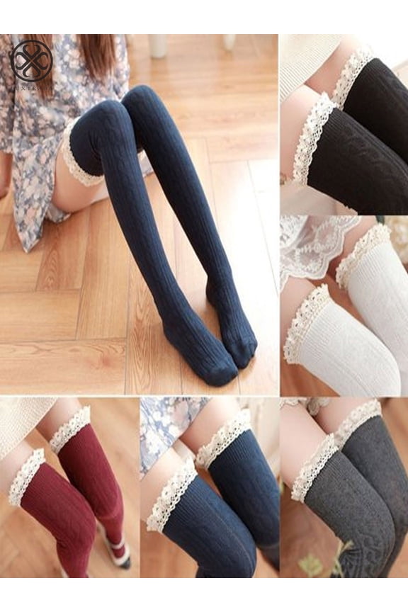 2 Pairs Sexy Girls Ladies Women Warm Thigh High Stockings Knit Over Knee Lace Long Socks Legging Warmer Boot Stocks (White)
