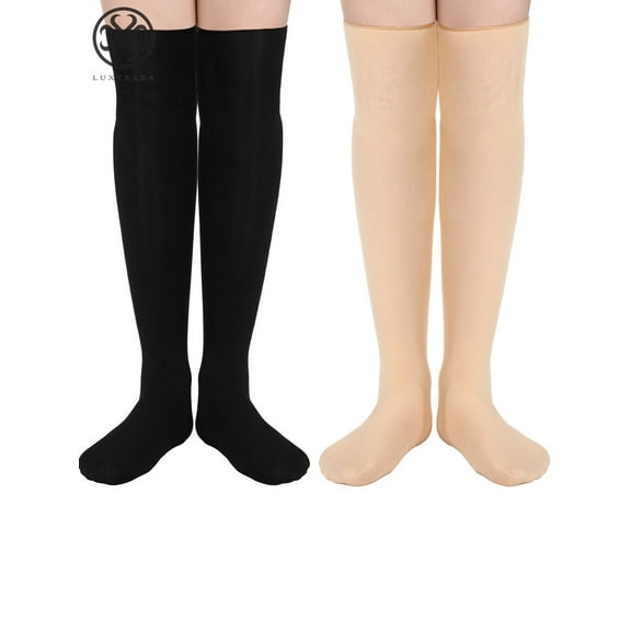 Luxtrada 2 Pairs Women Thigh High Socks Winter Thick Fleece Lined Over the Knee High Boot Stockings Nylon Winter Warm Sock (Black+Apricot)