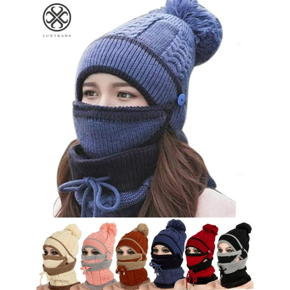 Luxtrada 2-in-1 Womens Men Winter Scarf Set Winter Hats for Women Warm Cute Fashionable Thickend Knitted Hat Scarf Face Cover Outdoor Winter Skiing Cap Blue