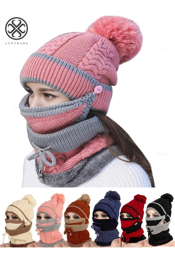 2-in-1 Womens Men Winter Scarf Set Winter Hats for Women Warm Cute Fashionable Thickend Knitted Hat Scarf Face Cover Outdoor Winter Skiing Cap Pink