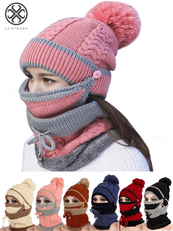 2-in-1 Womens Men Winter Scarf Set Winter Hats for Women Warm Cute Fashionable Thickend Knitted Hat Scarf Face Cover Outdoor Winter Skiing Cap Pink