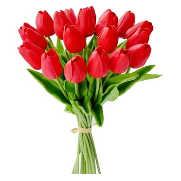 Luxtrada 20Pcs Tulips Real Touch Artificial Flowers Fake Tulips Arrangement Bouquet for Home Kitchen Office Wedding Spring Holidays Valentine's Day Decor (Red)