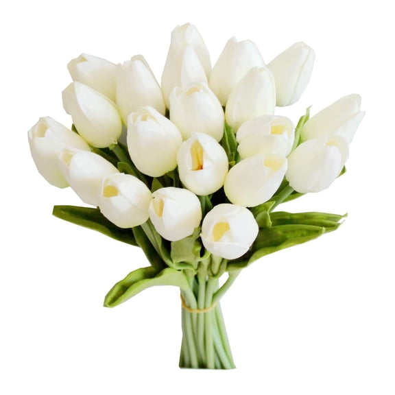 Luxtrada 20Pcs Tulips Real Touch Artificial Flowers Fake Tulips Arrangement Bouquet for Home Kitchen Office Wedding Spring Holidays Valentine's Day Decor (White)