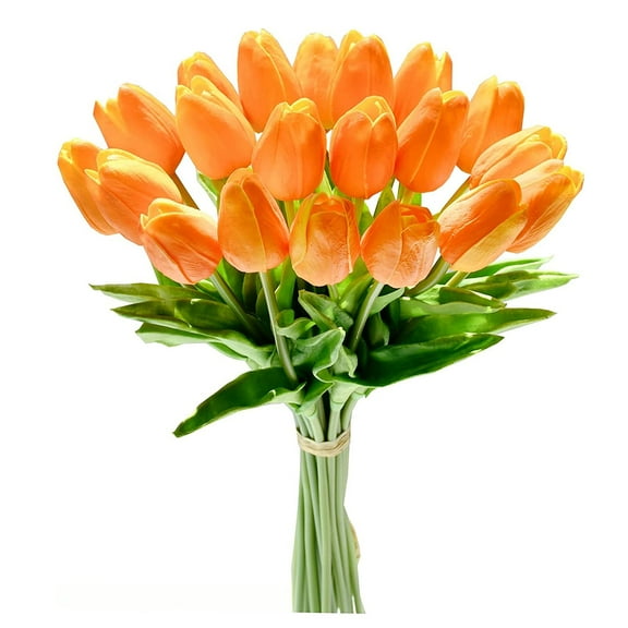 Luxtrada 20Pcs Tulips Real Touch Artificial Flowers Fake Tulips Arrangement Bouquet for Home Kitchen Office Wedding Spring Holidays Valentine's Day Decor (Orange)
