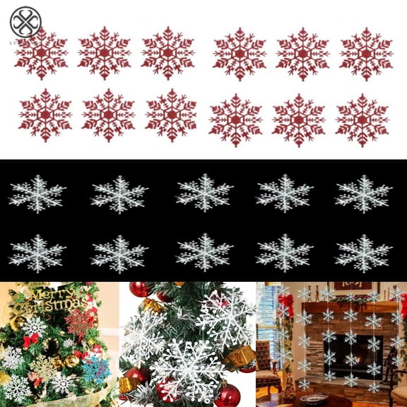 Luxtrada 22Pcs 2 Design Plastic Shinny Glitter Christmas Snowflake Ornaments Christmas Tree Decorations Set White Sparkling Snowflakes String For Craft DIY Party Home Holiday Decoration