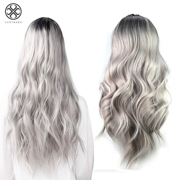 Luxtrada 25" Ombre Wig Silver Gray Long Wavy Wigs Heat Resistant Synthetic Full Curly Wigs for Women Party Cosplay Halloween Costume Accessories