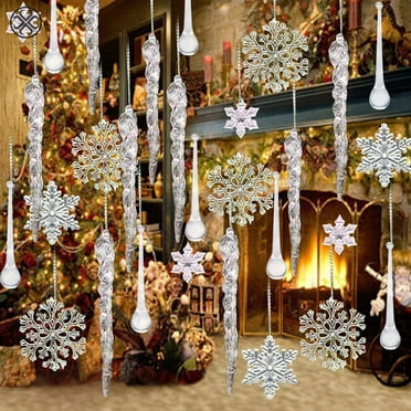 Luxtrada 26/40/57Packs Clear Acrylic Christmas Snowflake Icicles Hanging Icicle Drop with Crystal Line Ornaments Set for New Year Party Christmas Tree Decorations