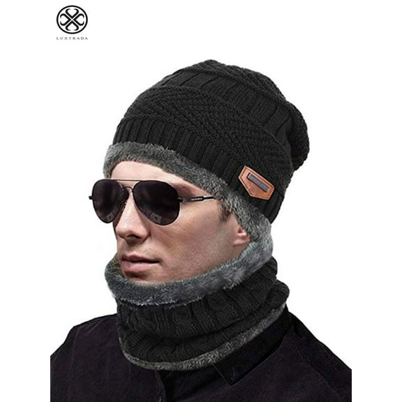 Luxtrada 2PCs/Set Womens Mens Winter Hat Warm Thick Beanie Cap + Scarf for Winter Knit Ski Beanies (Black)