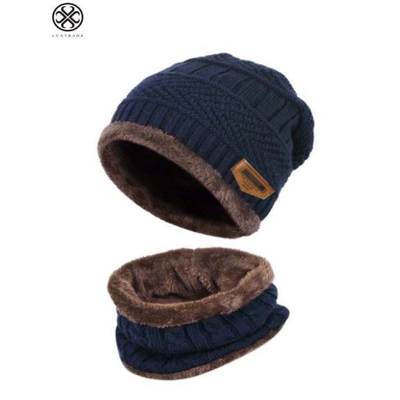Luxtrada 2PCs/Set Womens Mens Winter Hat Warm Thick Beanie Cap + Scarf for Winter Knit Ski Beanies (Blue)