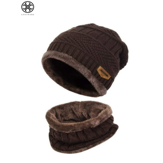 Luxtrada 2PCs/Set Womens Mens Winter Hat Warm Thick Beanie Cap + Scarf for Winter Knit Ski Beanies (Brown)