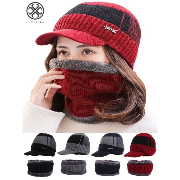 Luxtrada 2pcs/set Women Men Outdoor Newsboy Hat Winter Warm Thick Knit Beanie Cap Fleece Lined Skull Ski Cap & Winter Scarf