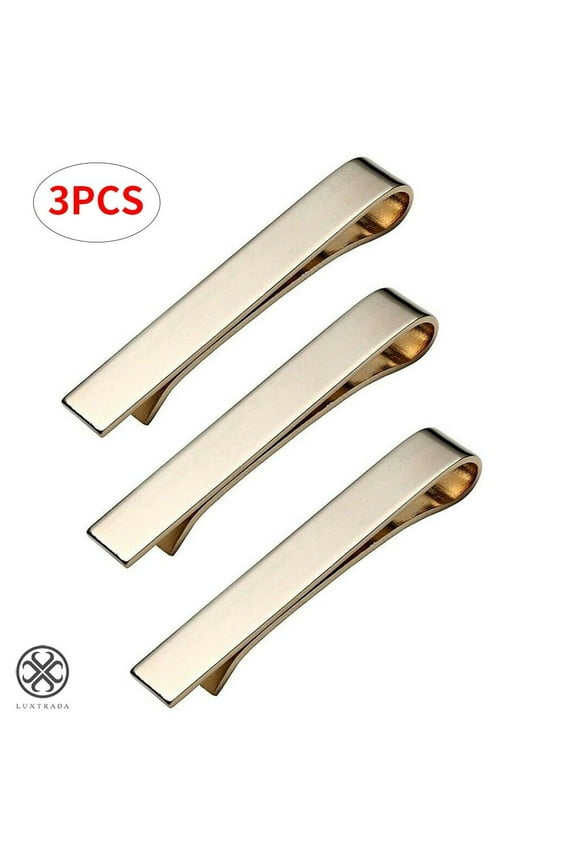 3 Pc Set Mens 1.8 Inch Tie Bar Clip Pinch Clasp Skinny Ties (Gold)